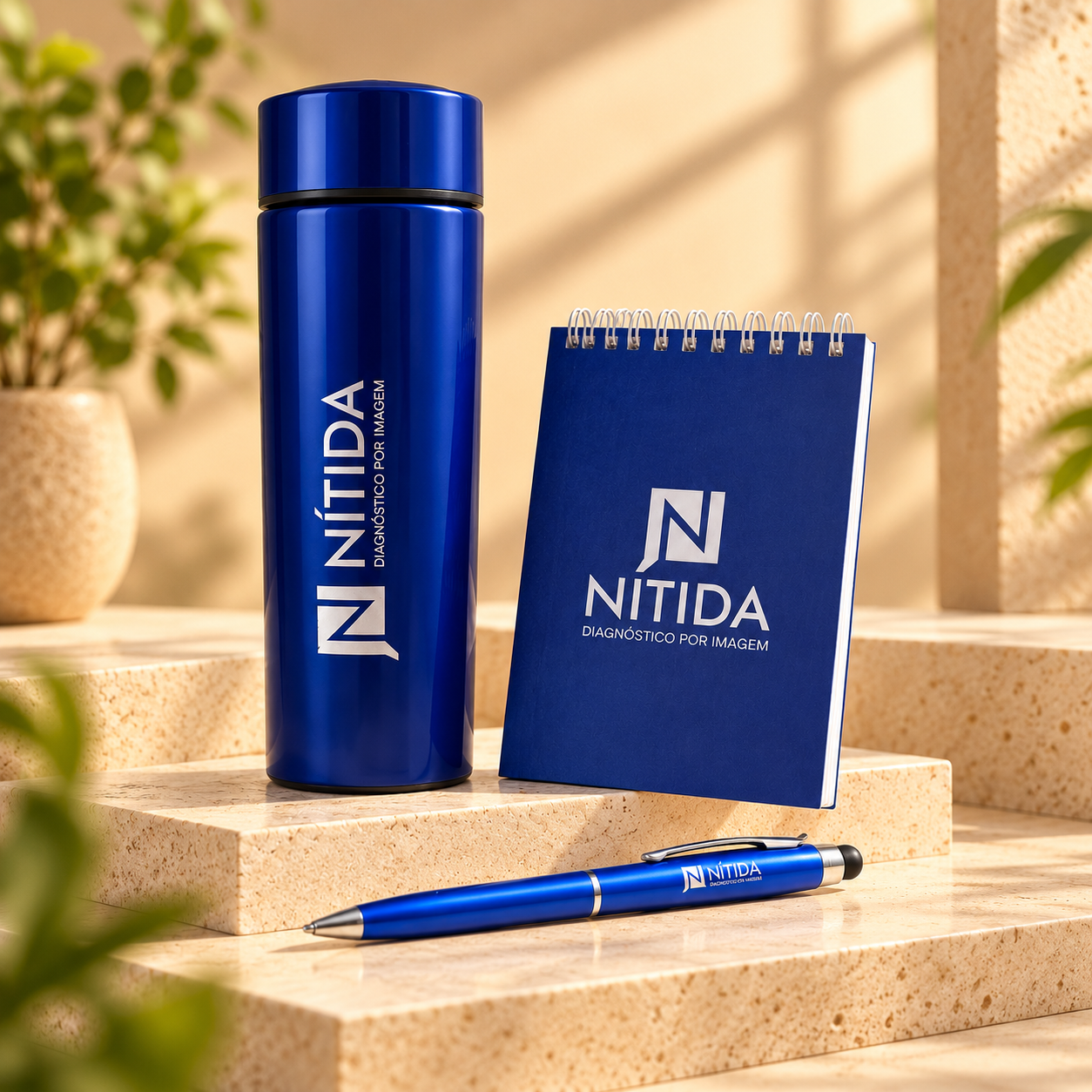 Kit azul Nítida com garrafa, bloco e caneta