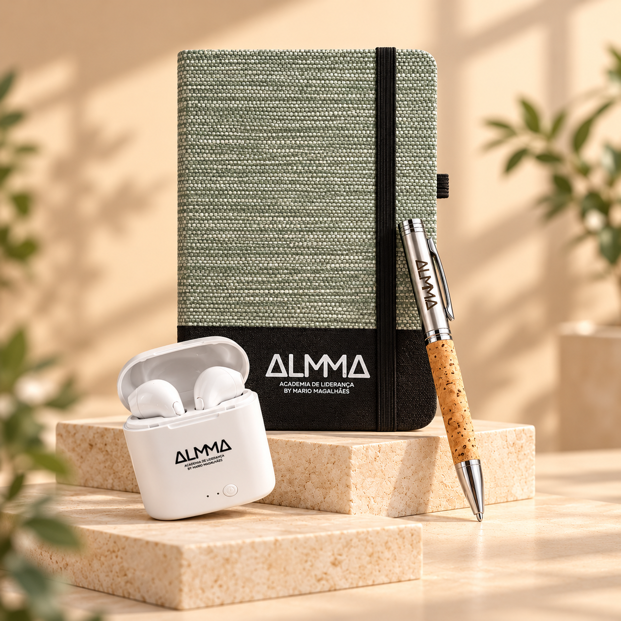 Kit ALMMA com caderno, fones sem fio e caneta